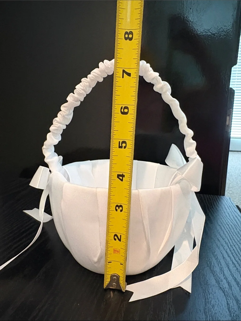 White Satin Flower Girl Basket with Pearl Bow